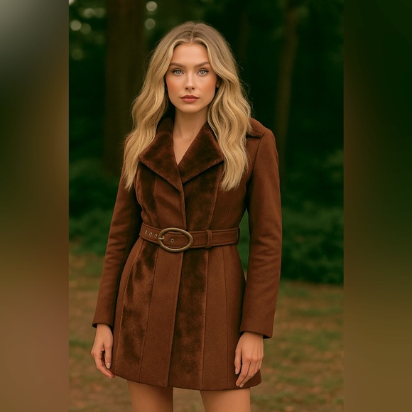 BLANC NOIR Sample Faux Fur Blocked Wool Car Coat Jacket Belted Midi Brown Small - Picture 2 of 12